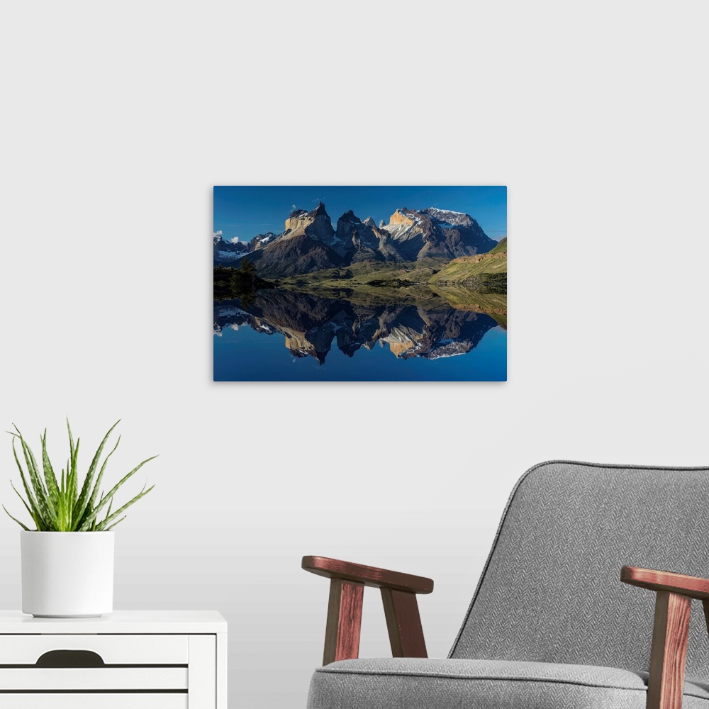 A modern room featuring Cuernos del Paine (Horns of Paine) at sunset, Torres del Paine National Park, Chile, South Americ...