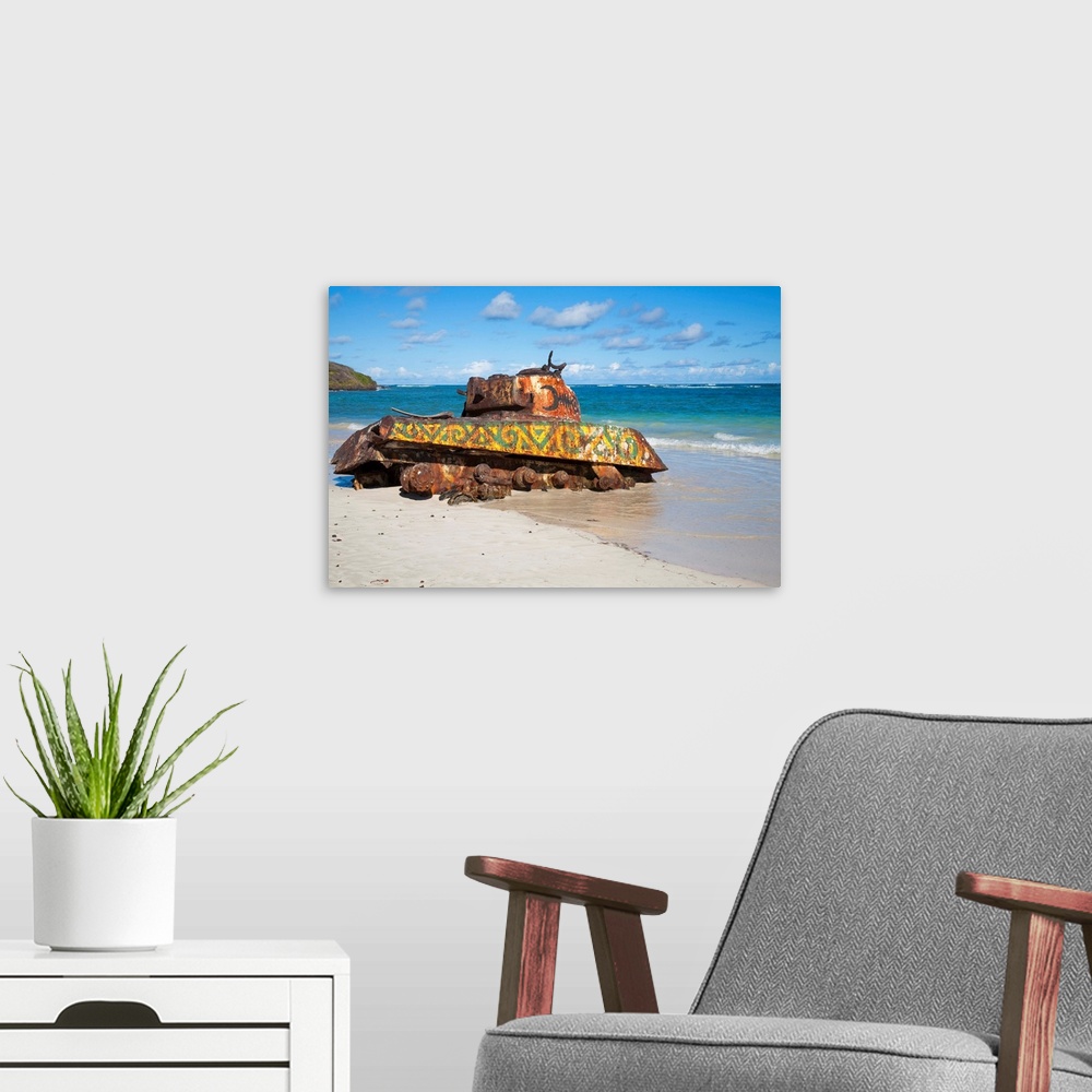 A modern room featuring Culebra, Puerto Rico - An old abandoned military tank is sitting on the beach rusting. Horizontal...