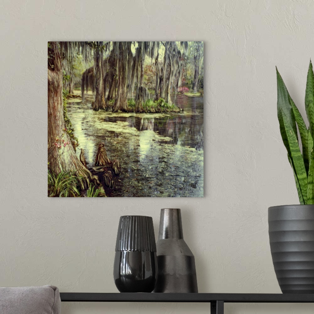 A modern room featuring USA, South Carolina, Charleston, Magnolia Plantation and Gardens. Cypress trees reflected in water.