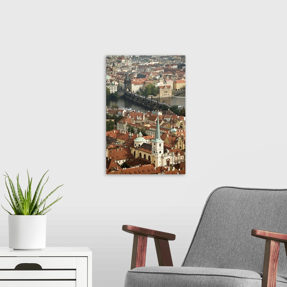 A modern room featuring CZECH REPUBLIC, Prague. View of Prague and the Charles Bridge from the Bell Tower, St. Vitus Cath...