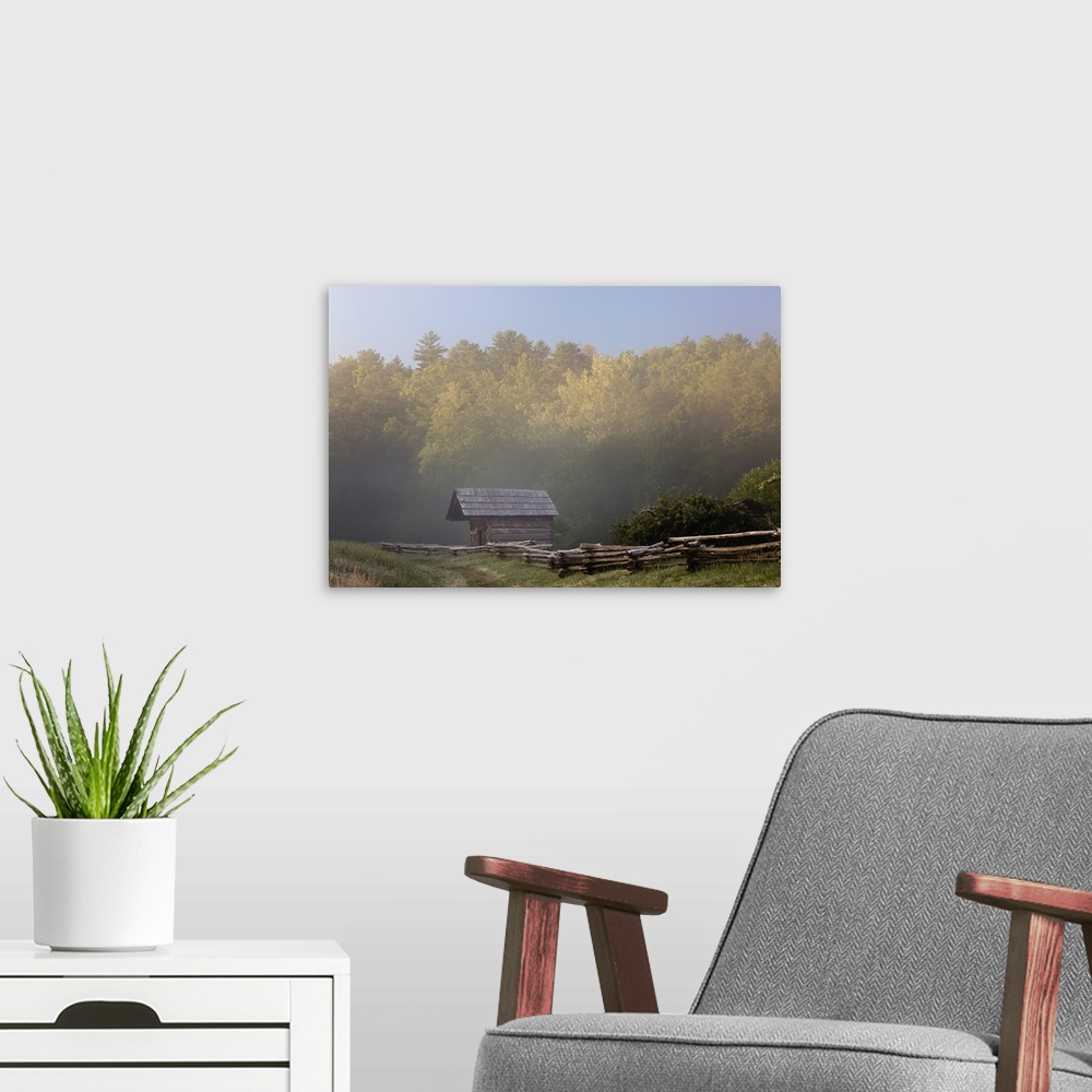 A modern room featuring Dan Lawson Place at sunrise, Cades Cove, Great Smoky Mountains National Park, Tennessee.
