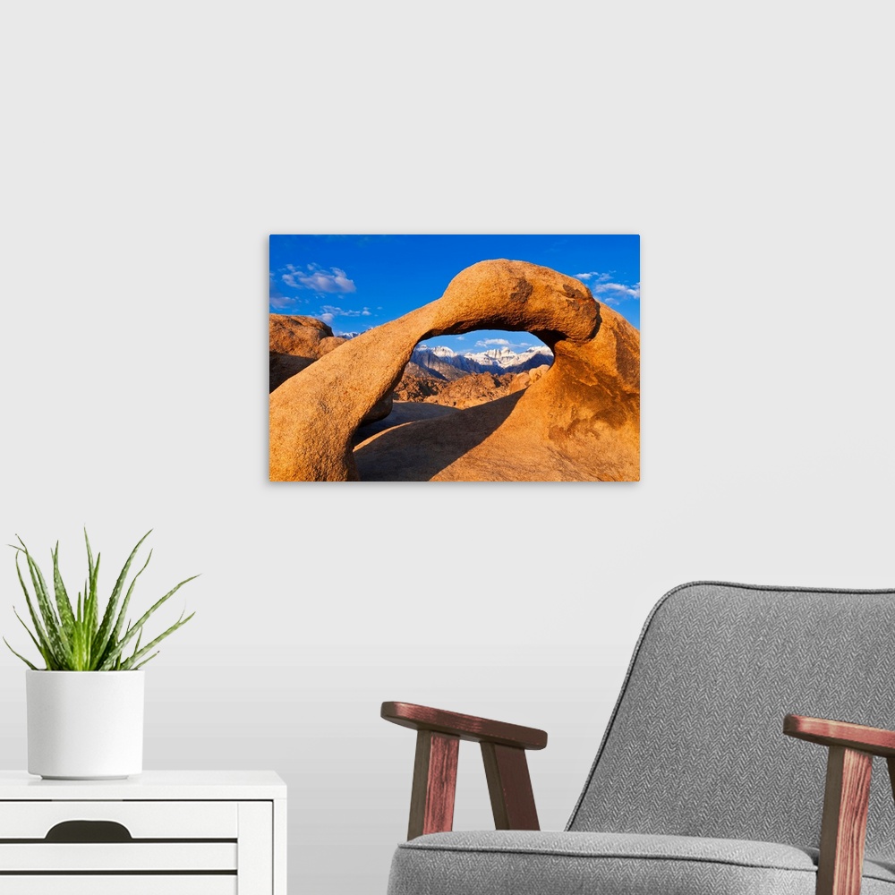 A modern room featuring Dawn light on Mount Whitney through Mobius Arch, Alabama Hills, Inyo National Forest, California ...