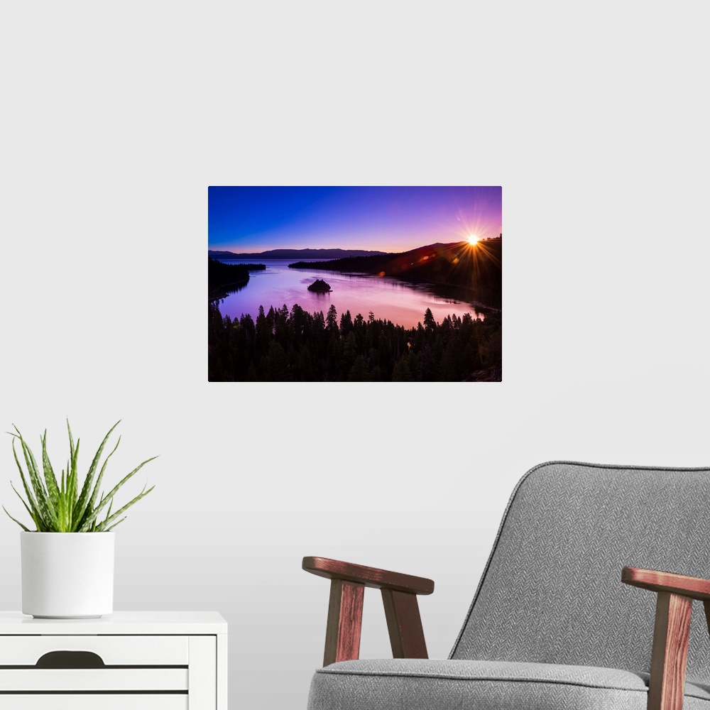 A modern room featuring Dawn light over Emerald Bay on Lake Tahoe, Emerald Bay State Park, California USA.