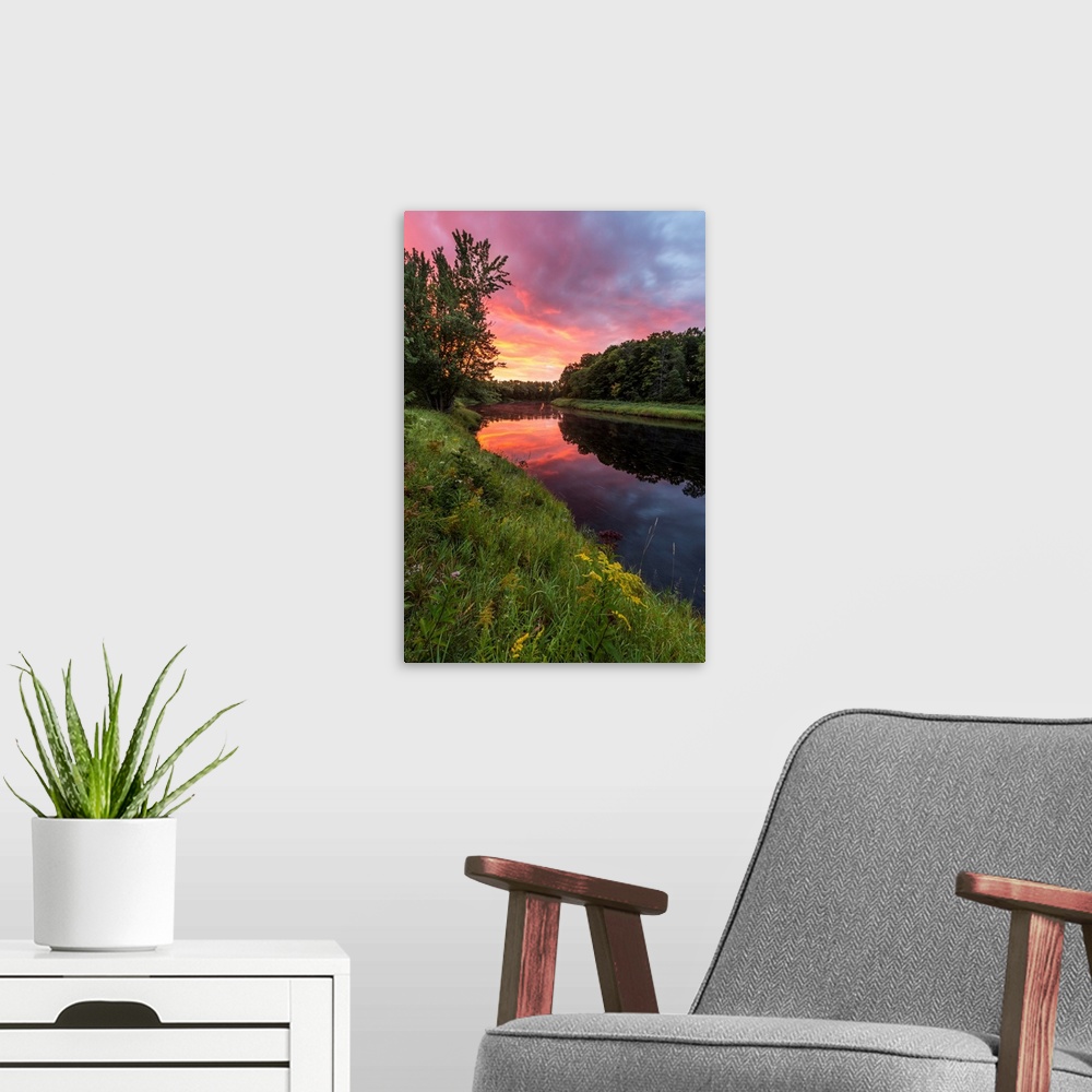 A modern room featuring Dawn on the Mattawamkeag River as it flows through the Reed Plantation in Wytipitlock, Maine.