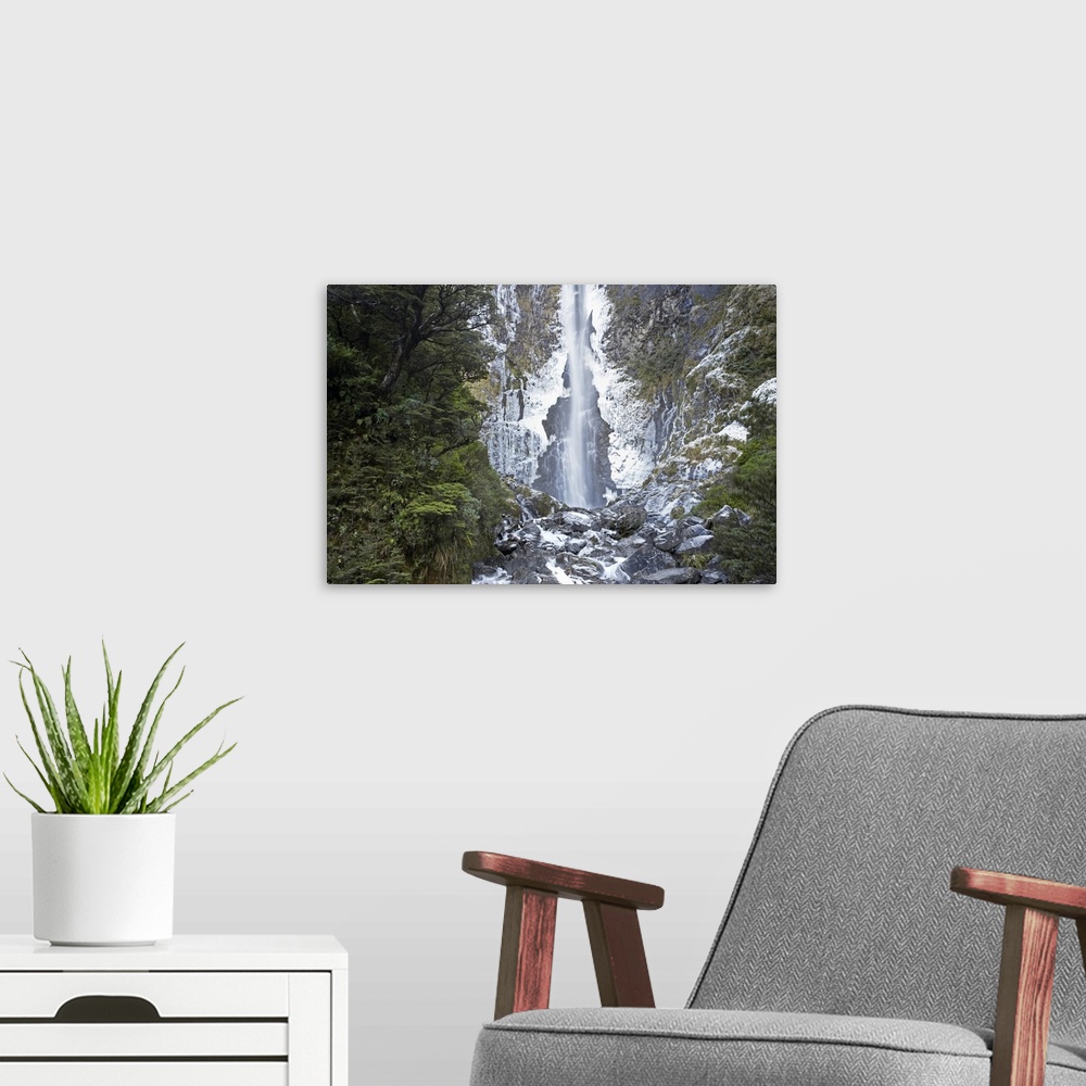 A modern room featuring Devils Punchbowl Falls, Frozen in Winter, Arthur's Pass, Canterbury, South Island, New Zealand