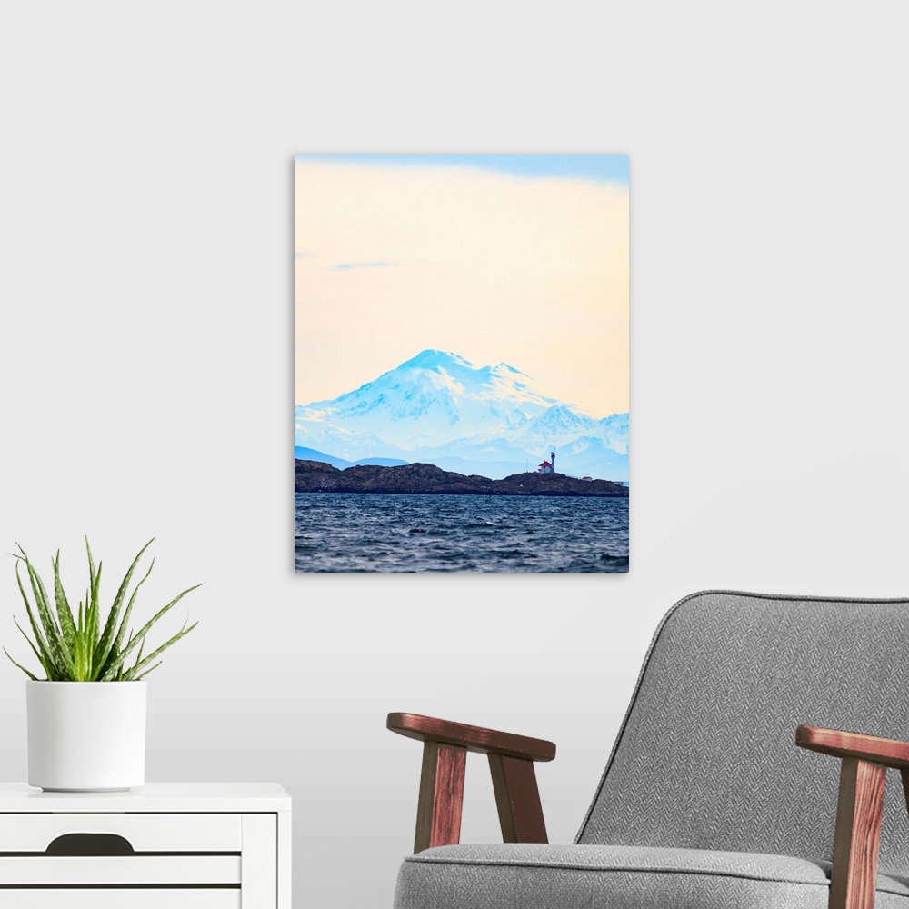 A modern room featuring Discovery Island Lighthouse, Victoria, BC against Mt. Baker in WA