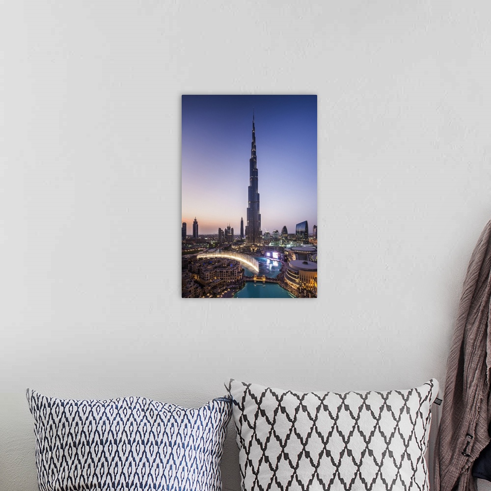 A bohemian room featuring UAE, Dubai, Downtown Dubai, Burj Khalifa, world's tallest building as of 2016, elevated view, dusk