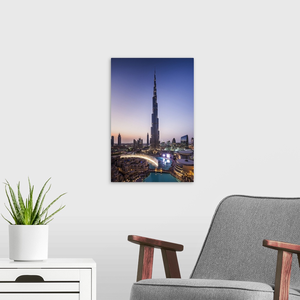 A modern room featuring UAE, Dubai, Downtown Dubai, Burj Khalifa, world's tallest building as of 2016, elevated view, dusk