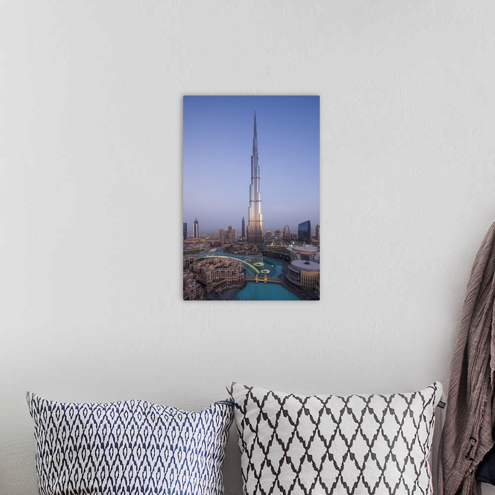 A bohemian room featuring UAE, Dubai, Downtown Dubai, Burj Khalifa, world's tallest building as of 2016, elevated view, dawn