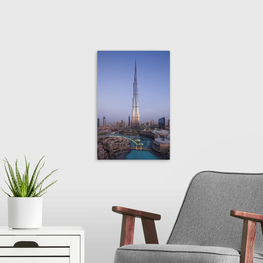 A modern room featuring UAE, Dubai, Downtown Dubai, Burj Khalifa, world's tallest building as of 2016, elevated view, dawn