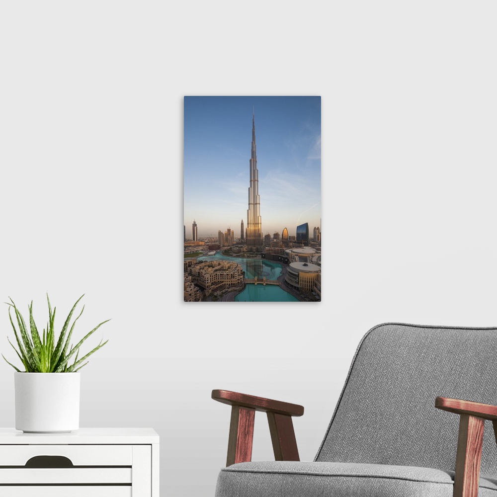 A modern room featuring UAE, Dubai, Downtown Dubai, Burj Khalifa, world's tallest building as of 2016, elevated view, dawn