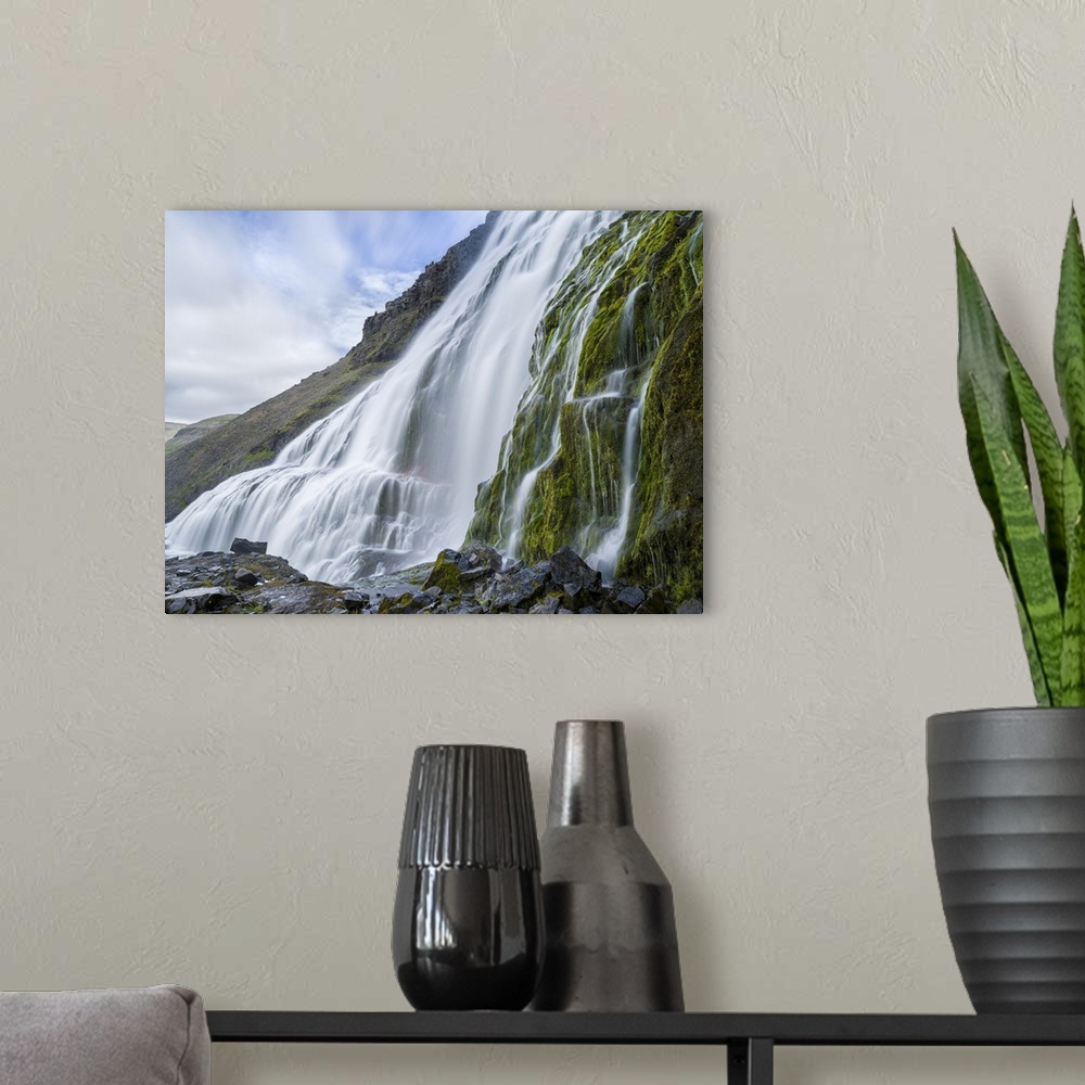 A modern room featuring Dynjandi waterfall, an icon of the Westfjords in northwest Iceland.