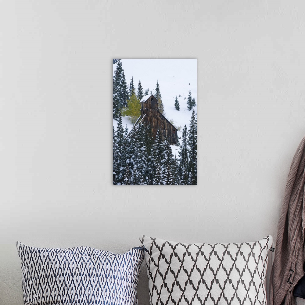 A bohemian room featuring Early Snow and Mining Buildings, Red Mountain Pass, Ouray, Rocky Mountains, Colorado, USA, Septem...