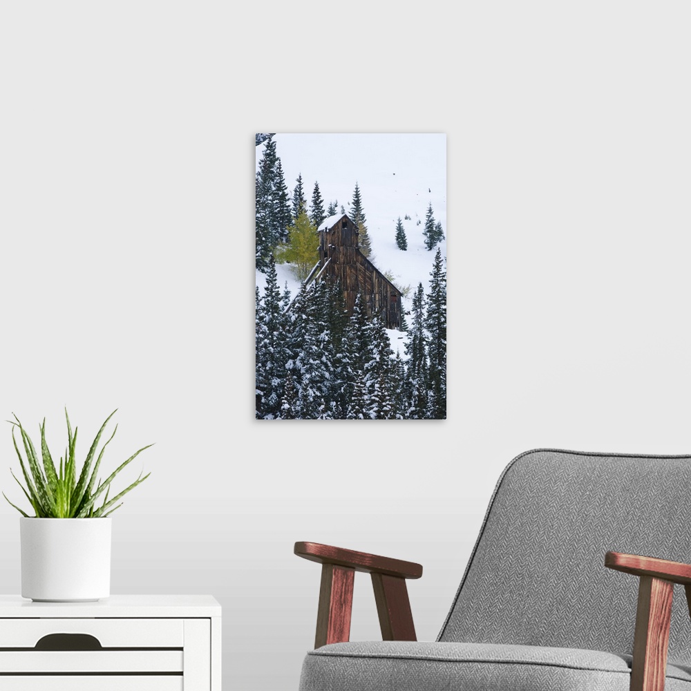 A modern room featuring Early Snow and Mining Buildings, Red Mountain Pass, Ouray, Rocky Mountains, Colorado, USA, Septem...