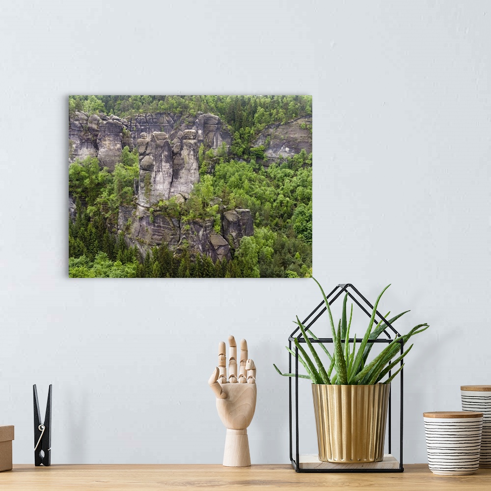 A bohemian room featuring Elbe Sandstone Mountains in the Saxon Switzerland during spring. Rock formations. Germany, Saxony.