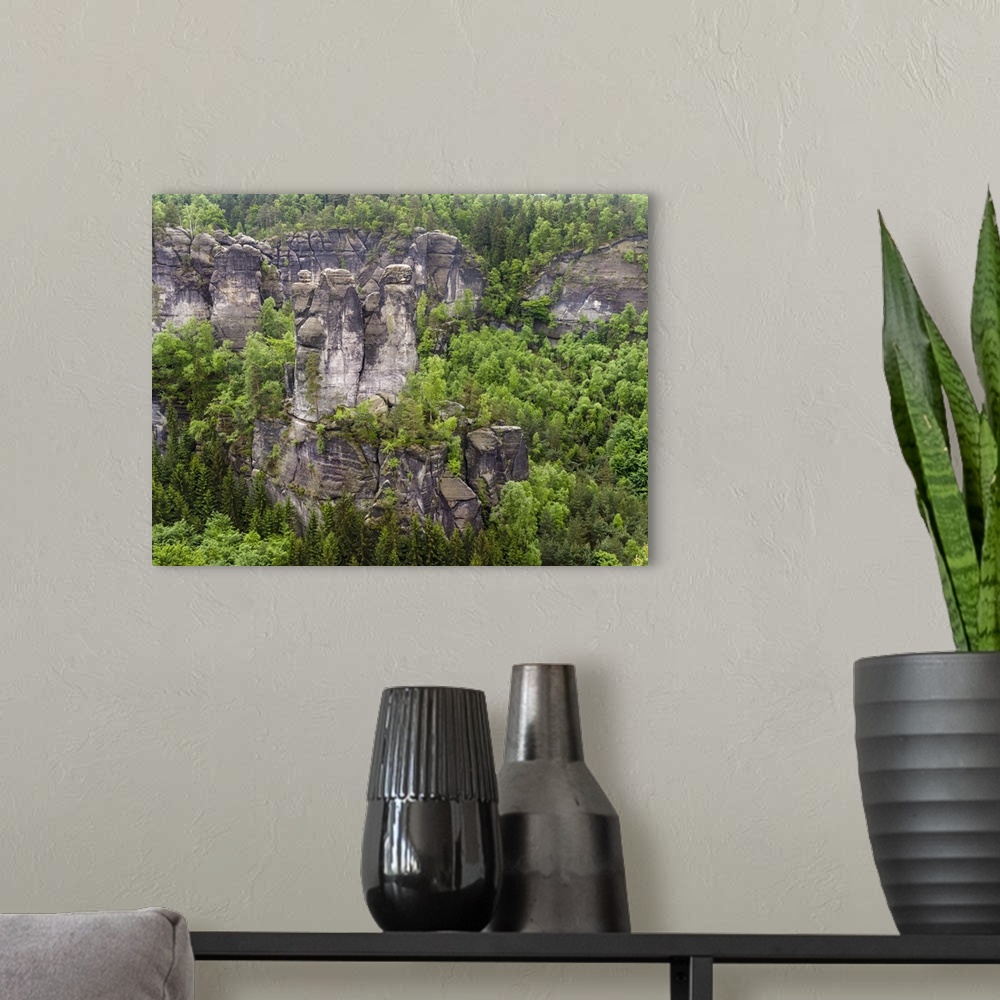 A modern room featuring Elbe Sandstone Mountains in the Saxon Switzerland during spring. Rock formations. Germany, Saxony.