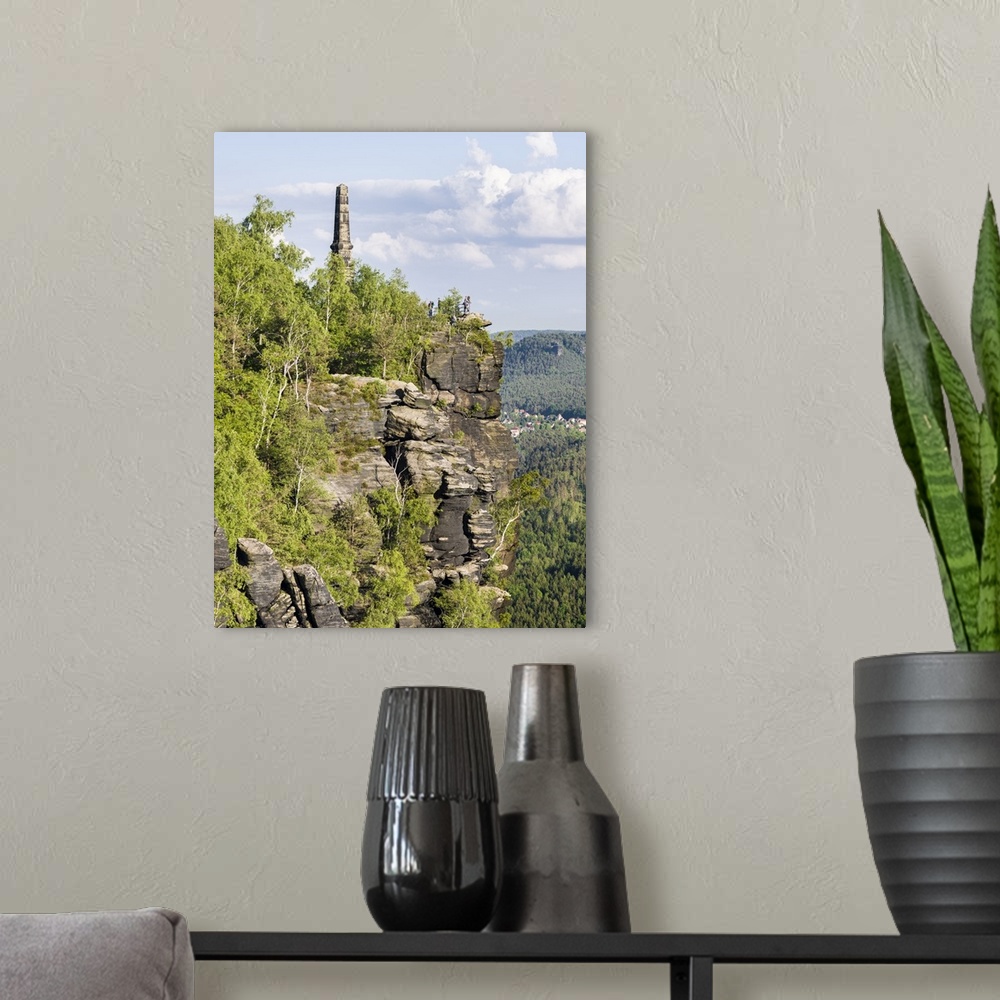 A modern room featuring Elbe Sandstone Mountains. Mount Lilienstein, Monument for the house of Wettin, Germany, Saxony.