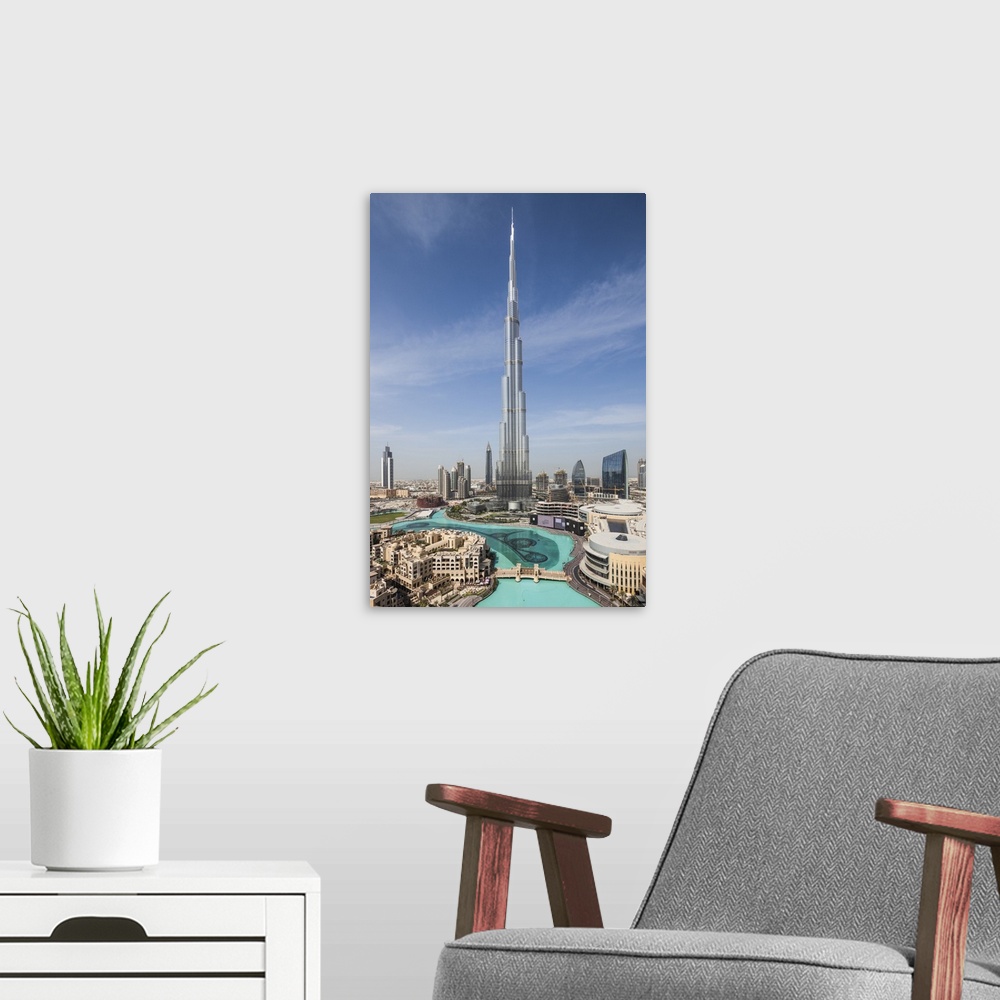 A modern room featuring UAE, Dubai, Downtown Dubai, Burj Khalifa, world's tallest building as of 2016, elevated view