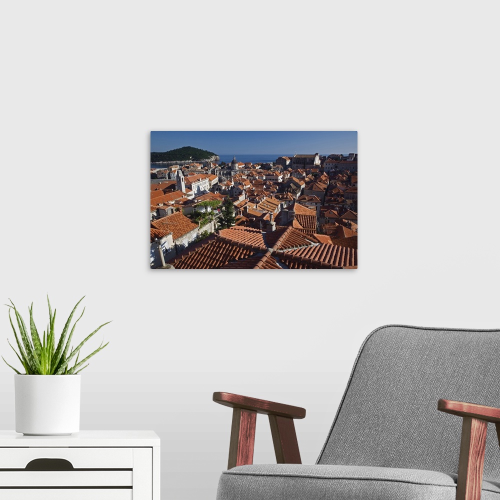 A modern room featuring Elevated view of Old Town Dubrovnik, Croatia a UNESCO World Heritage Site.
