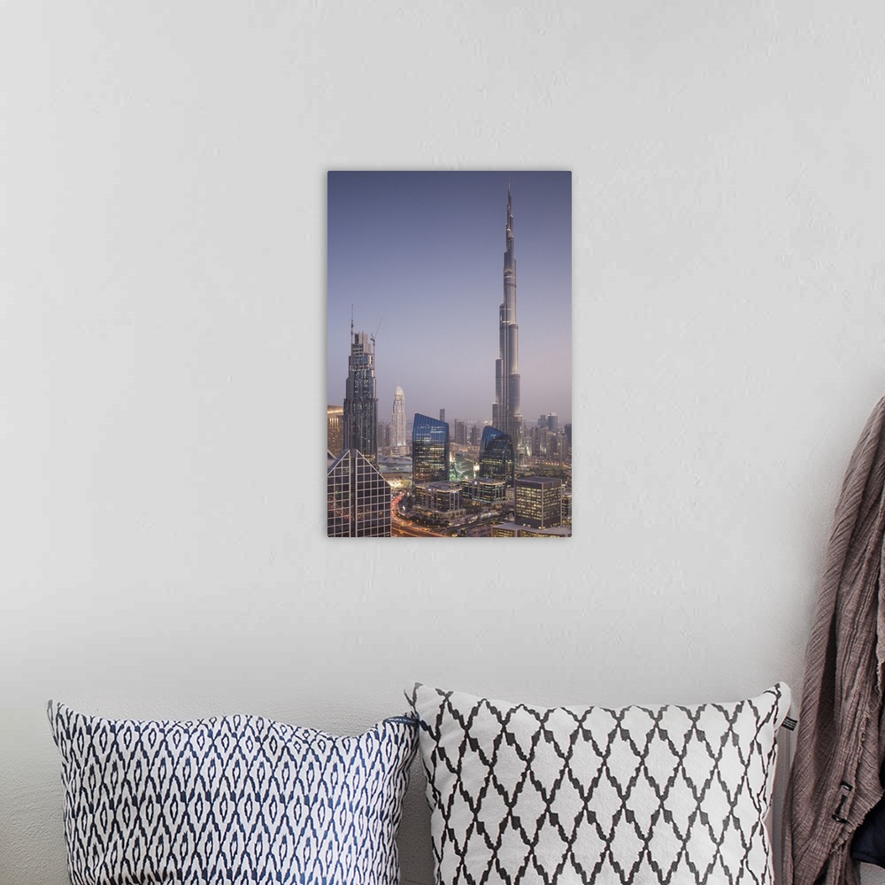 A bohemian room featuring UAE, Dubai, Downtown Dubai, elevated view over Sheikh Zayed Road and Burj Khalifa Tower, world's ...
