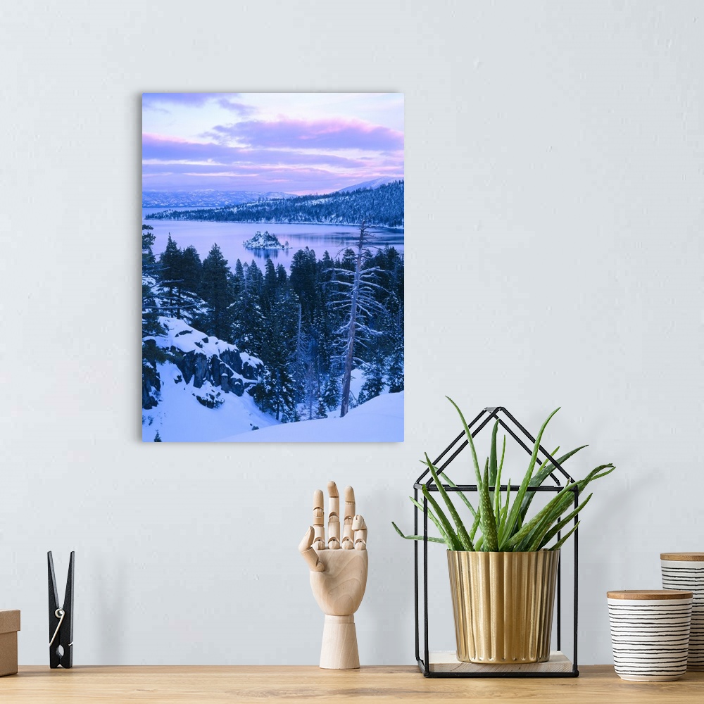 A bohemian room featuring Emerald Bay State Park in winter at dusk. Lake Tahoe
