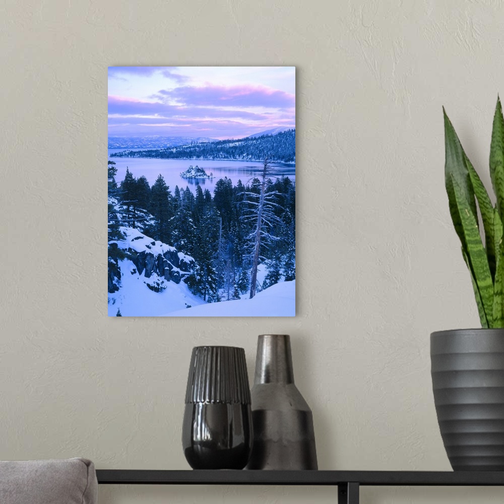 A modern room featuring Emerald Bay State Park in winter at dusk. Lake Tahoe