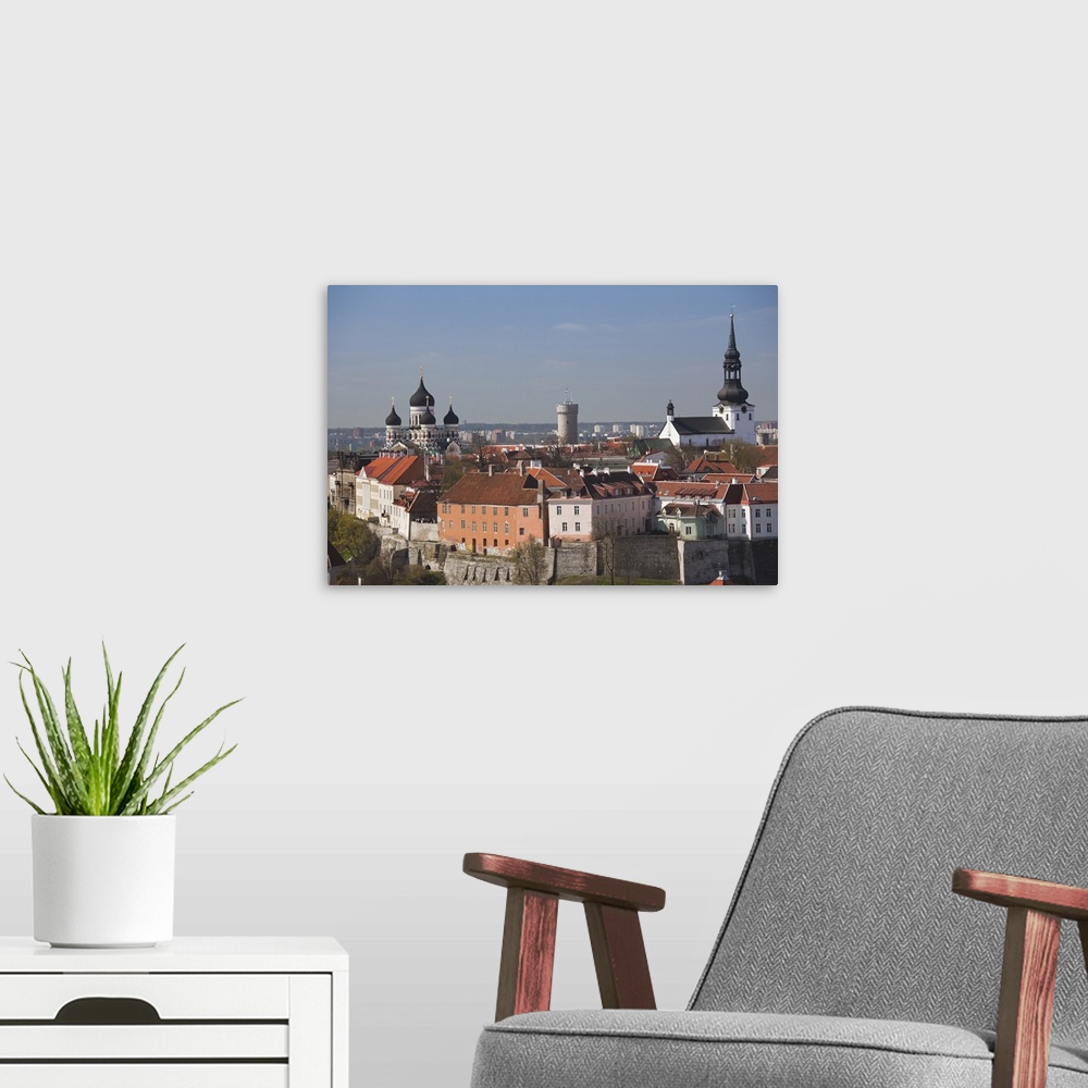 A modern room featuring Estonia, Tallinn, Old Town, elevated view of Toompea from St. Olaf's Church Tower