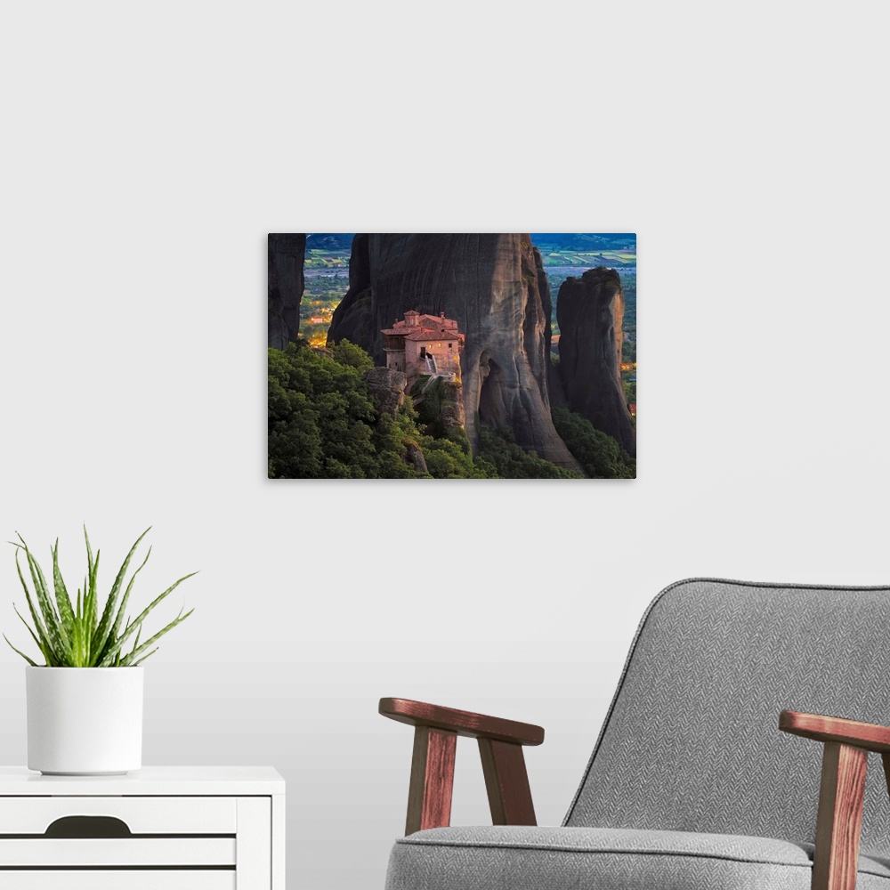A modern room featuring Europe, Greece, Meteora. Isolated monastery on cliff. Credit: Jim Nilsen