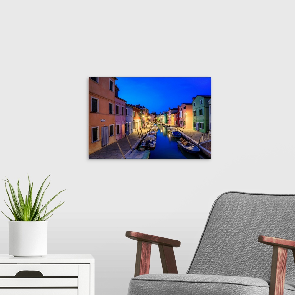 A modern room featuring Europe, Italy, Burano. Colorful houses on canal at sunset. Credit: Jim Nilsen