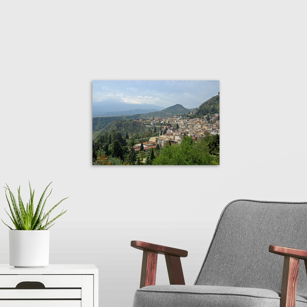 A modern room featuring Europe, Italy, Sicily, Taormina. Overview of Taromina, Mt. Etna in distance.