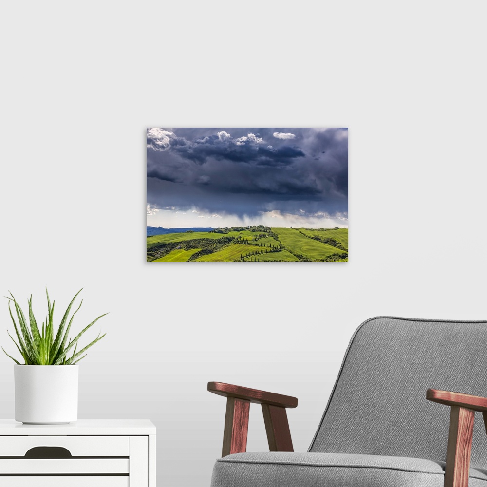 A modern room featuring Europe, Italy, Val d' Orcia. Storm clouds over Tuscany landscape. Credit: Jim Nilsen
