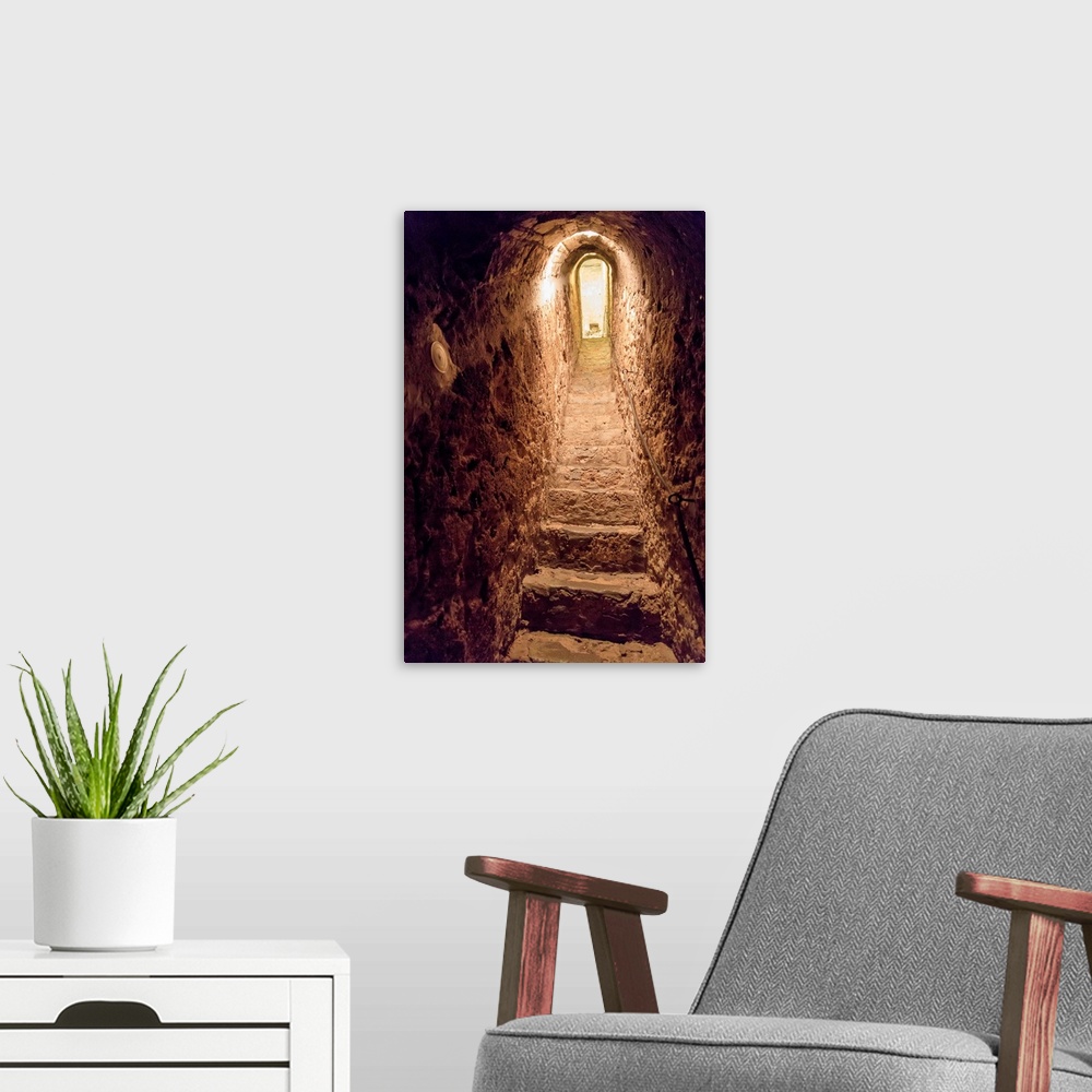 A modern room featuring Europe, Romania. Bran. Castle Bran interior secret passageway.