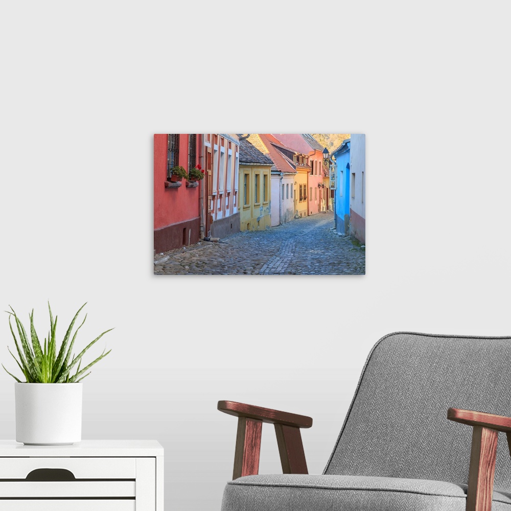 A modern room featuring Europe, Romania, Sighisoara, cobblestone residential street of colorful houses in village. UNESCO...