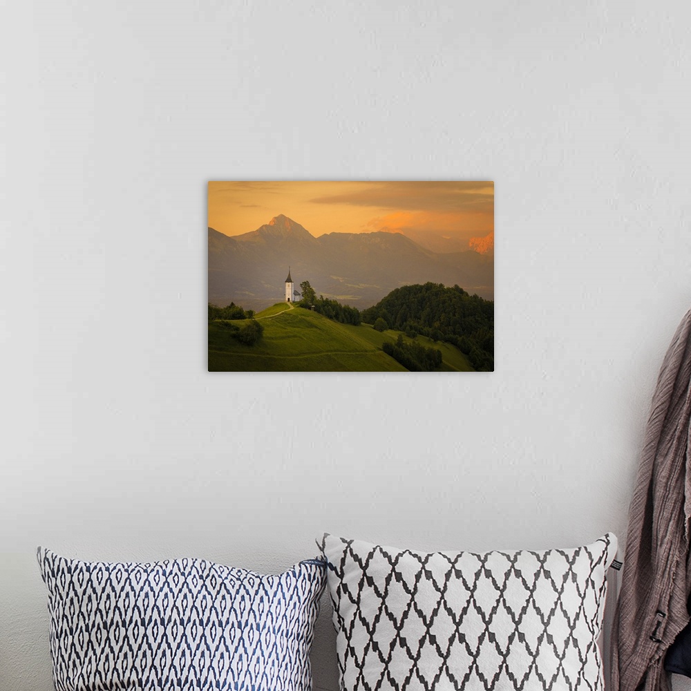 A bohemian room featuring Europe, Slovenia. Chapel of St. Primoz at sunset. Credit: Jim Nilsen / Jaynes Gallery
