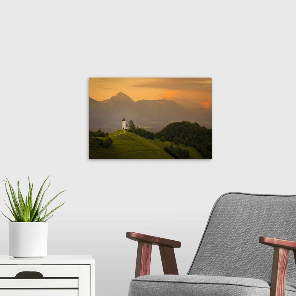 A modern room featuring Europe, Slovenia. Chapel of St. Primoz at sunset. Credit: Jim Nilsen / Jaynes Gallery