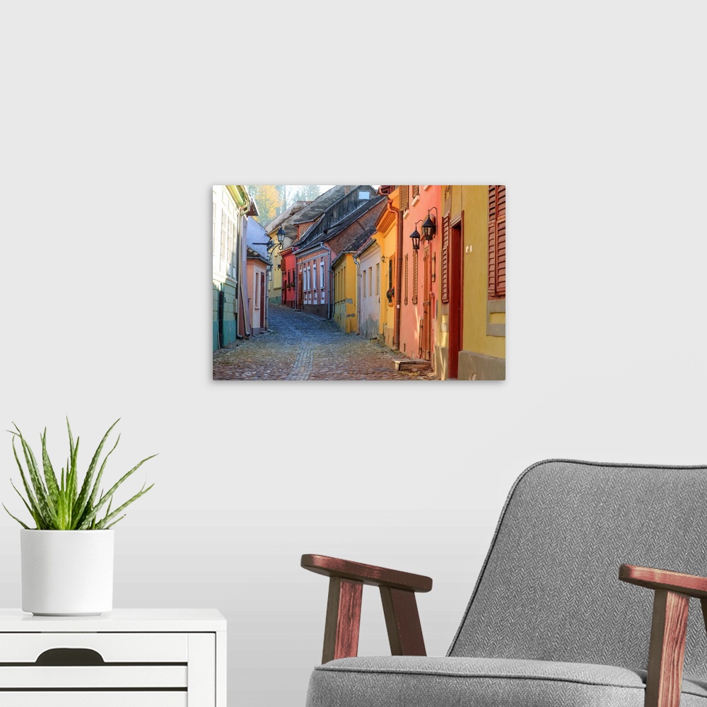 A modern room featuring Europe, Transylvania, Romania, Mures County, Sighisoara, cobblestone residential street of colorf...