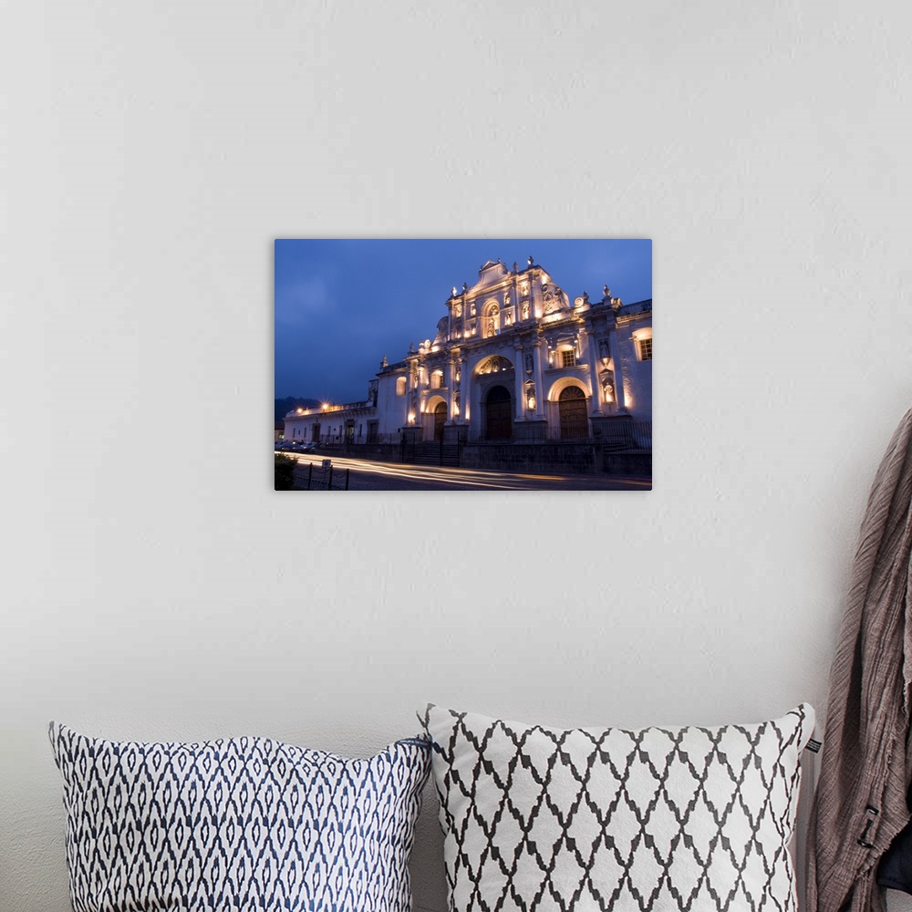 A bohemian room featuring Night photo of famous Cathedral de Santiago with twilight and streaks of traffic in the tourism t...