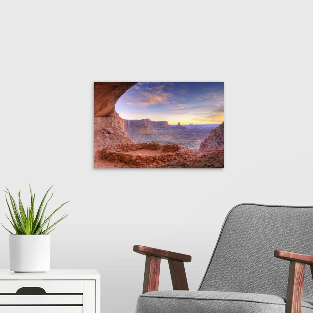 A modern room featuring Evening light on False Kiva, Island in the Sky, Canyonlands National Park, Utah USA