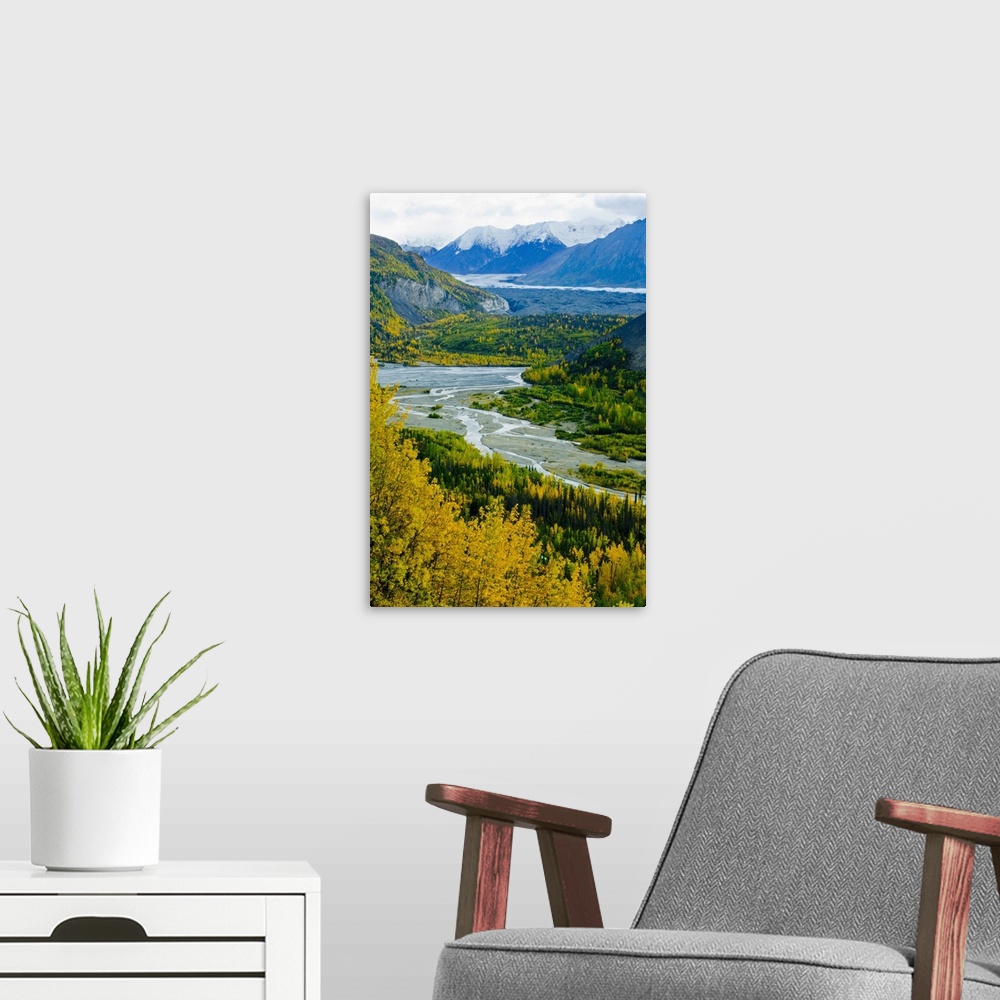 A modern room featuring Exit Glacier winds its way through the Kenai Mountains in Kenai Fjords National Park, Alaska.
