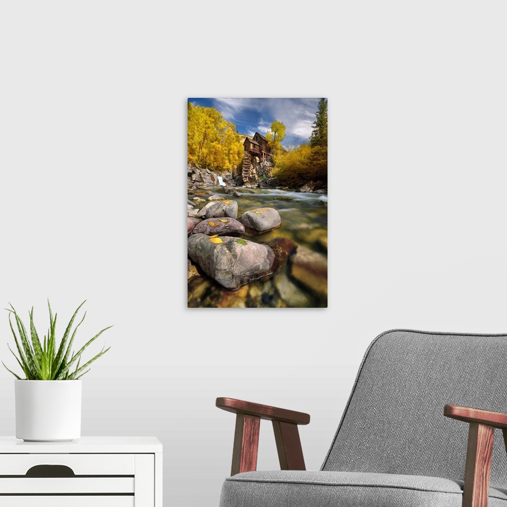 A modern room featuring Fall at the crystal mill near marble, Colorado in the Rocky Mountains.