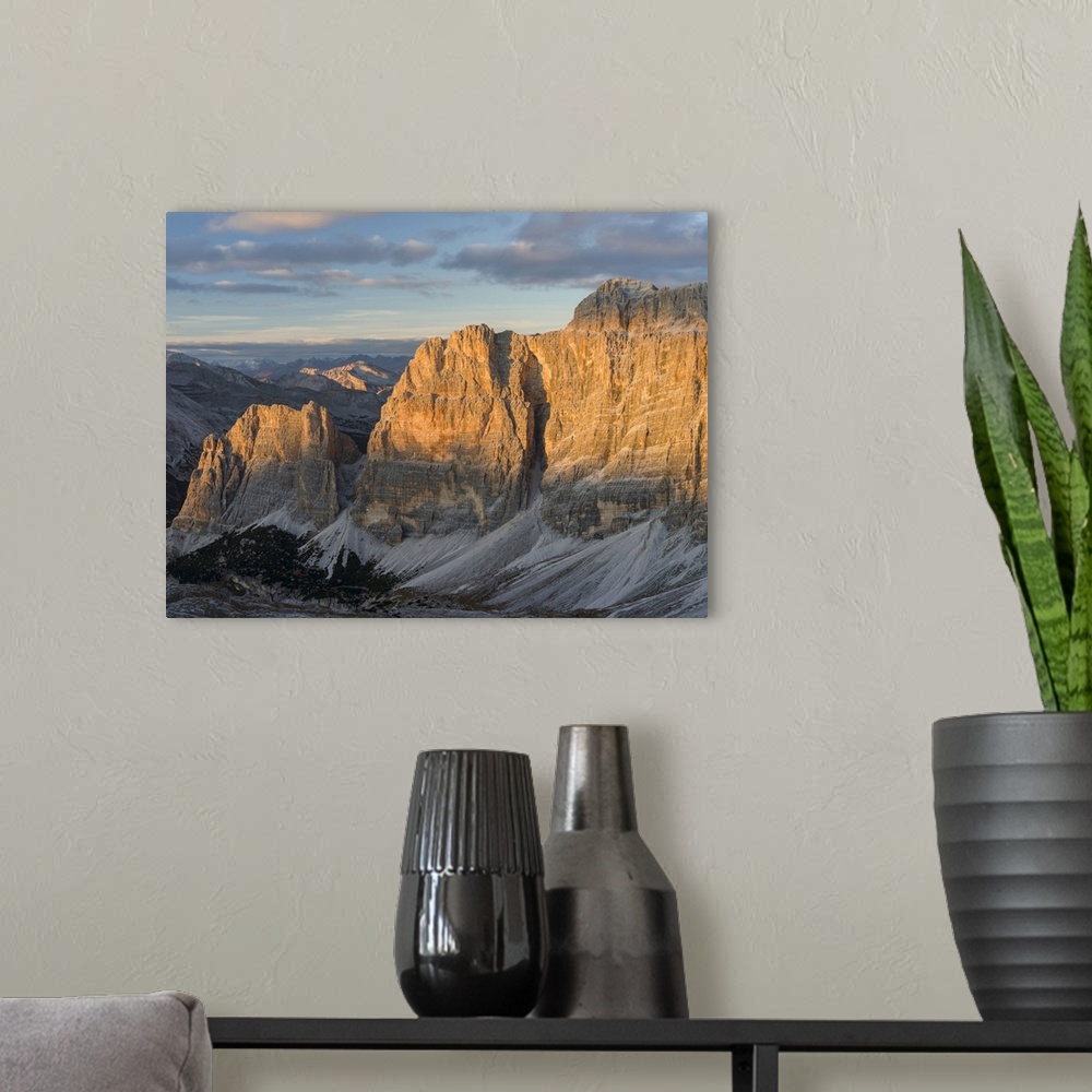 A modern room featuring The Fanes Mountains in the Dolomites. The Dolomites are listed as UNESCO World heritage. europe, ...