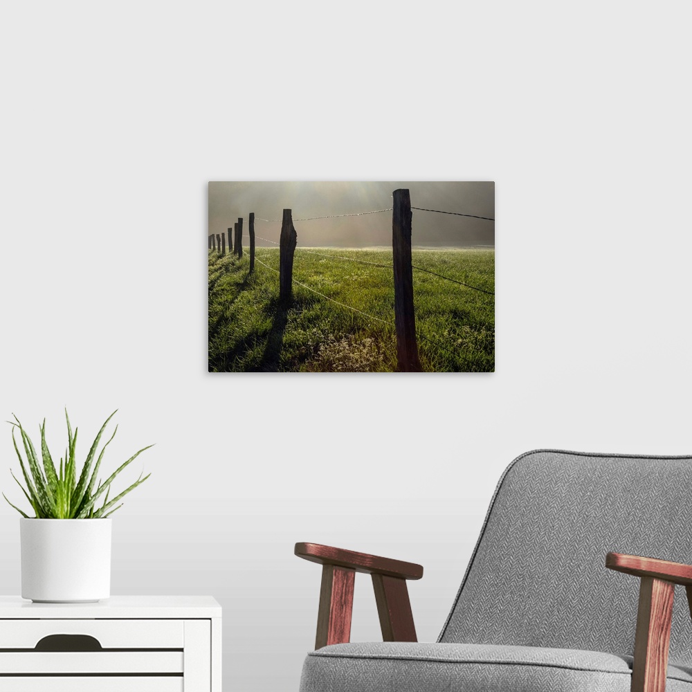 A modern room featuring Fence in Cades Cove at sunrise, Great Smoky Mountains National Park, Tennessee