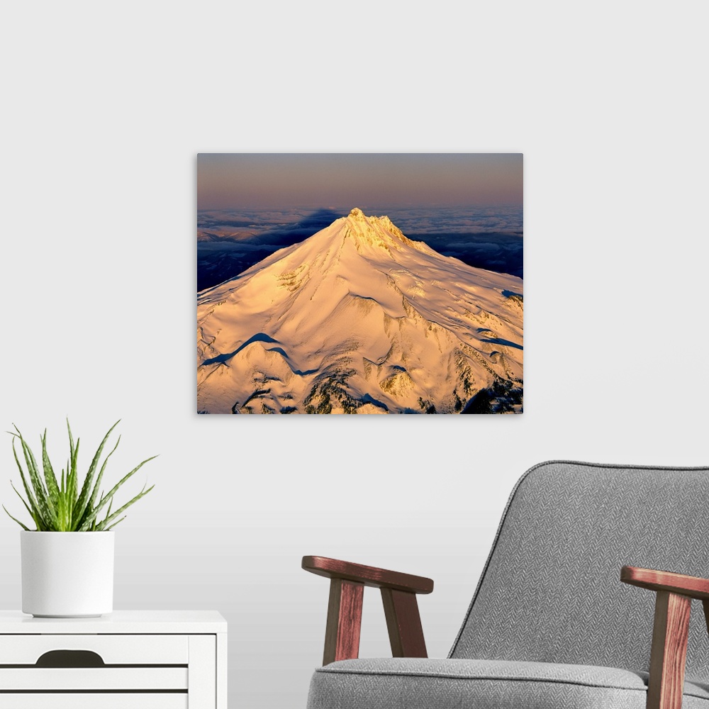 A modern room featuring First light catches Mt. Jefferson in the Oregon Cascades.