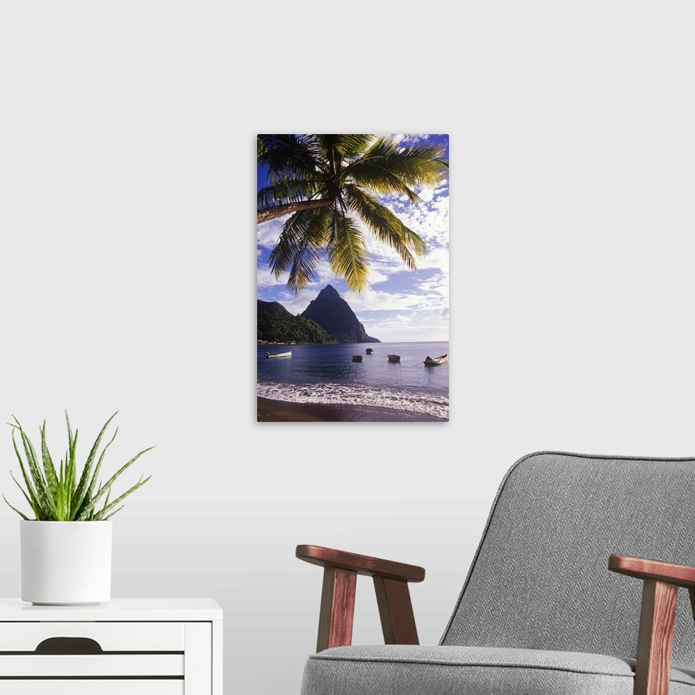 A modern room featuring Fishing boats and Petit Piton, Souffriere, St Lucia, Caribbean