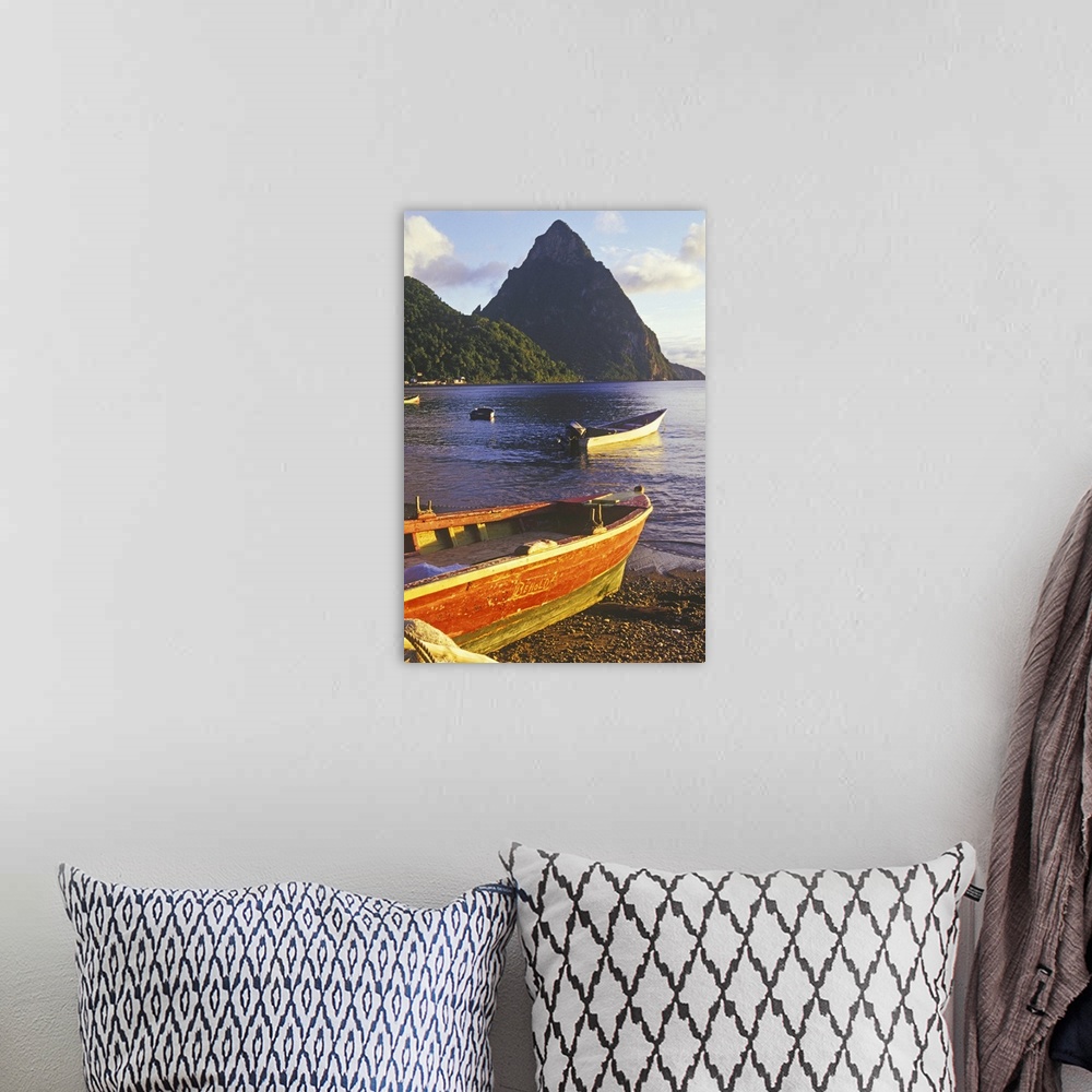 A bohemian room featuring Fishing boats and Petit Piton, Souffriere, St Lucia, Caribbean