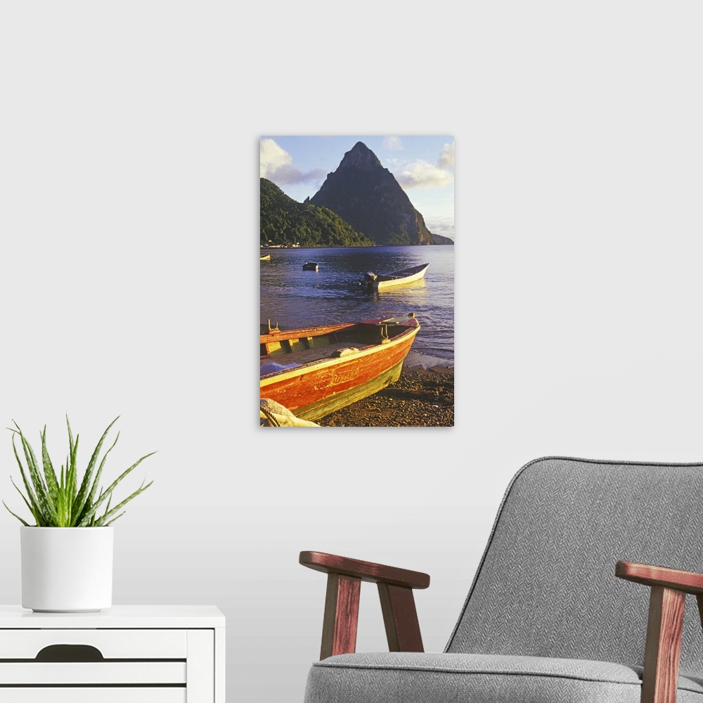 A modern room featuring Fishing boats and Petit Piton, Souffriere, St Lucia, Caribbean