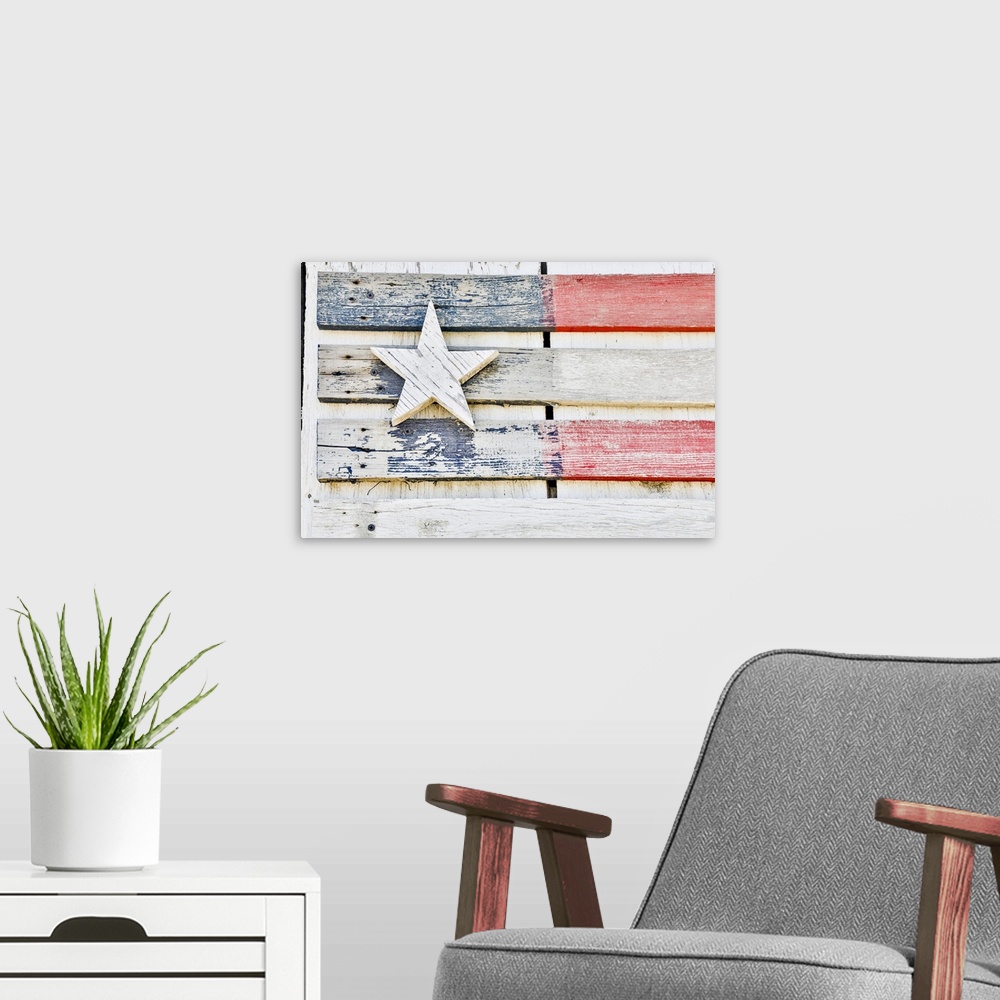 A modern room featuring Flag on side of old wooden shed, Benge, Washington State