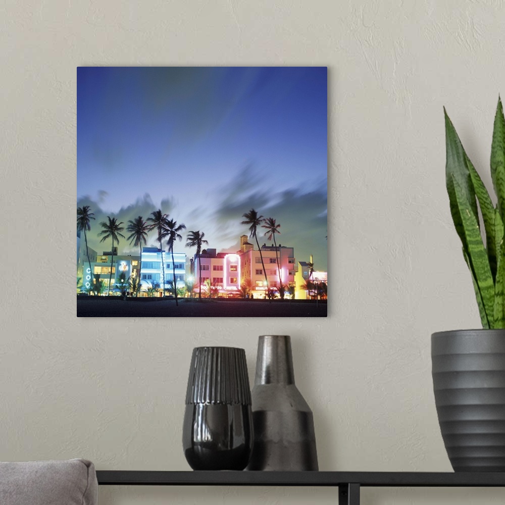 A modern room featuring N.A., USA, Florida, Miami, South Beach. Art Deco architecture and palm trees along the strip (Med...