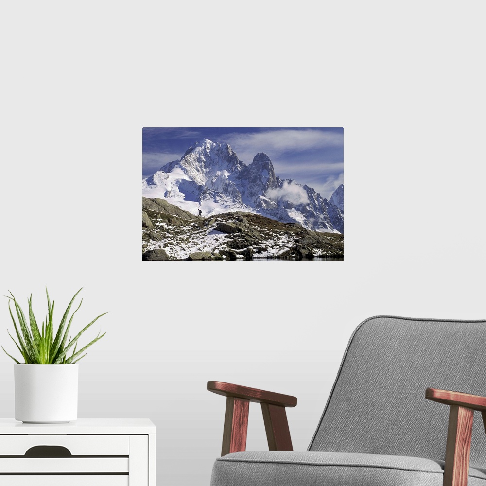 A modern room featuring Europe, France, Chamonix Region, French Alps.Hiker, Les Drus, Lac Blanc