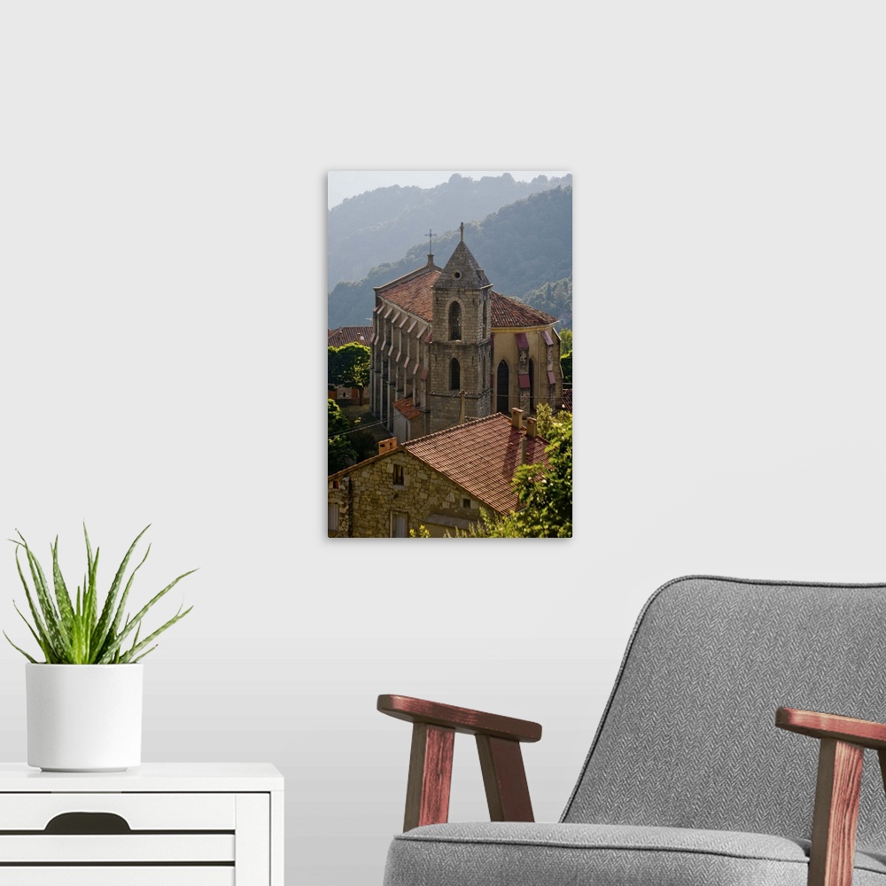A modern room featuring France, Corsica, Church And House In Mountain Village Of Zicavo